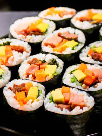 Kimbap (seaweed rice roll) on plate recipe, Popular korean street food seaweed rice roll, A balance of rice, vegetables, and protein wrapped in crispy seaweed | Generative AIの素材