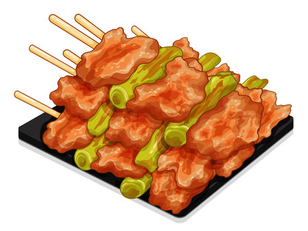 Yakitori BBQ illustration vector. Japanese yakitori bbq grill.  Japanese street food yakitori menu. Yakitori (grilled chicken skewers). Chicken BBQ with green onions. Chicken grilled icon cartoon.のイラスト素材