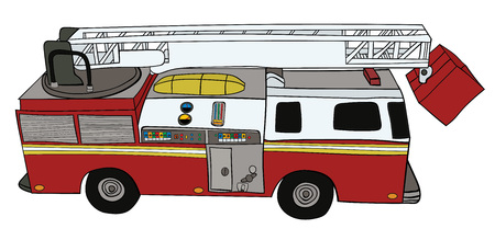 A Red firetruck with ladder and bucket