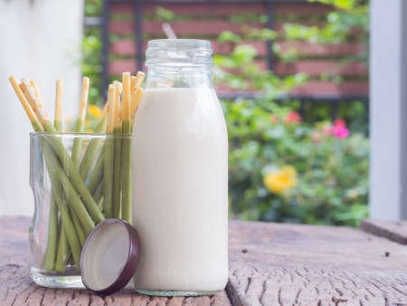Morning with breakfast,soy milk and  biscuit on the tableの写真素材