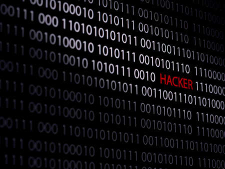 Computer screen shot with binary code and hacker text, great concept for technology computer and online securityの写真素材