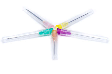 Injection needle set colorful isolated white background.