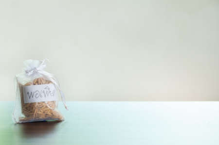 Minimal rice bag on the tableの写真素材