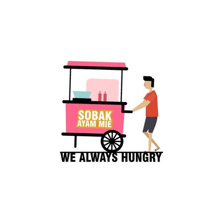 chicken noodle cart seller flat cartoon illustrationのイラスト素材