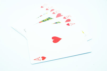 Royal Flush of Heart (All the same suit, sequence A-K-Q-J-T) in white backgroundの写真素材