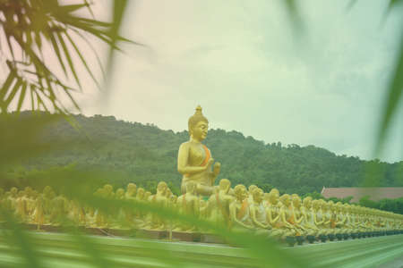 Buddha statue and bamboo leaves foreground blur in Thailand, pastel tone colorの写真素材