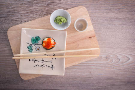 japanese sushi set on old wood backgroundの写真素材
