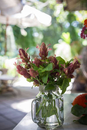 Good morning with bouquet of flowers on tableの写真素材