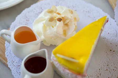 rainbow crape cake with raspberry jam or strawberry jamの写真素材