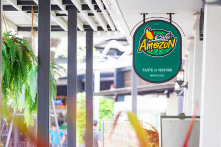 Phra Nakhon Si Ayutthaya, Thailand - Augus, 2018: Cafe Amazon logo on Augus 11, 2018 in Cafe Amazon at Phra Nakhon Si Ayutthaya Province, Thailand. It's a famous Thai franchise coffee cafe in Thailand.のeditorial素材