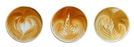 Set of top view cappuccino coffee isolated on white backgeound.の写真素材