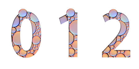 alphabet letters from oil bubbles on white background ( 0 1 2 )