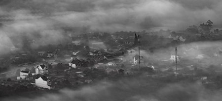 Panoramic view of the foggy city of Dalat, Vietnam.の写真素材