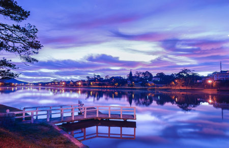 Twilight at the lake in the evening time, Dalat, Vietnam..の写真素材