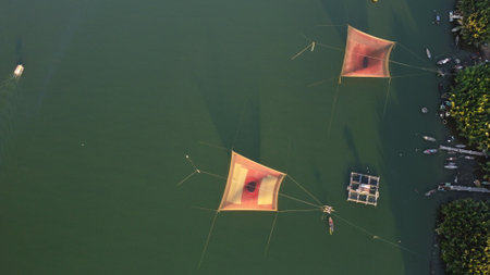 Aerial view of fishing nets in the lake,Thailand.の写真素材