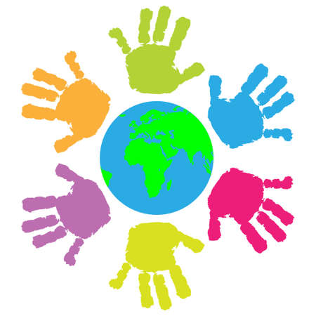 Children hand print around the Earthのイラスト素材