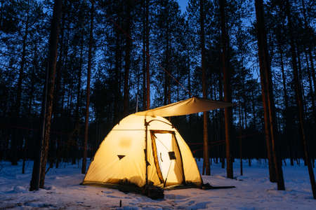 Illuminated camping tent at nightの写真素材