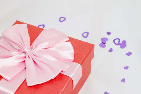 Beautiful gift boxes favorite on a white background with heartsの写真素材