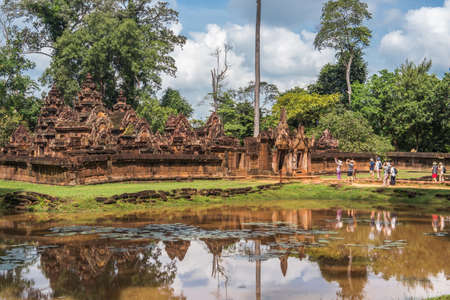 Banteay Srei Temple seen across the moat, Angkor area, Cambodiaの写真素材