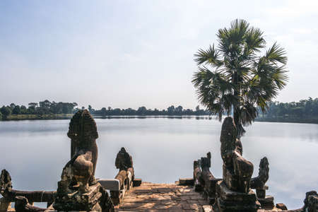 Srah Srang with Lion and Naga statues in Angkor, Cambodiaの写真素材