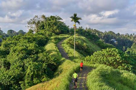 People are running on Campuhan Ridge Walk sacred trail, on Bali island, Indonesiaの写真素材