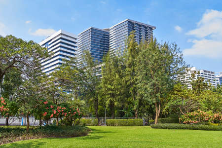 Skyline view from Lumpini park, Bangkok, Thailandの写真素材