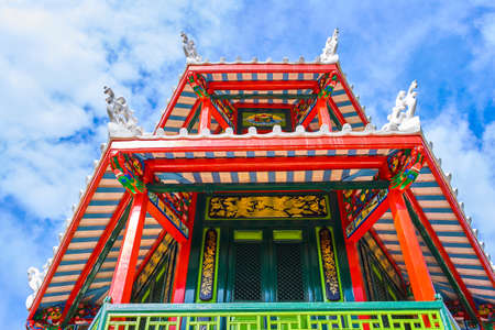 A Chinese style pagoda roof at the back of the Suan Saranrom Park, Bangkok, Thailandの写真素材