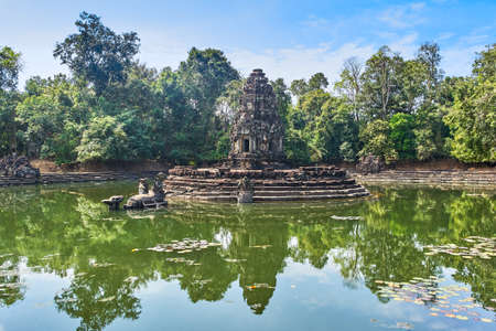 Neak Pean is an artificial island with a Buddhist temple on a circular island in Preah Khan Baray, Angkor. Siem Reap. Cambodia.の写真素材