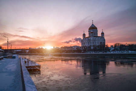 Cathedral of Christ the Saviour view at winter sunset in Moscow, Russiaのeditorial素材