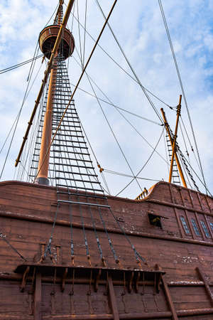 An old ship mast view on the blue skyの写真素材