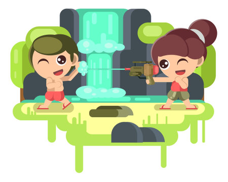 Two Kids Playing Water IN Water Festival Flat Illustrationのイラスト素材