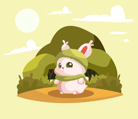 Sad Cute Cartoon Rabbit In Forest Flat Illustrationのイラスト素材