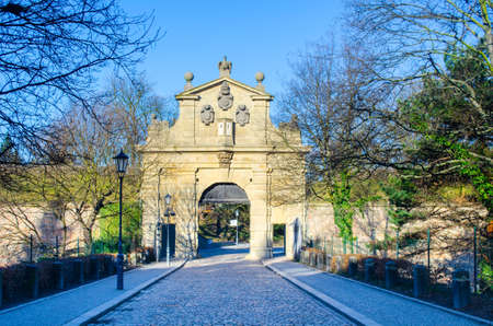 detailed view of the main gate leading to the vysehrad castle complex in prague.のeditorial素材