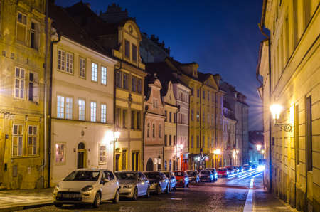 PRAGUE, CZECH REPUBLIC, JANUARY 30, 2015: night view of the main street of hradcany district in Prague.のeditorial素材