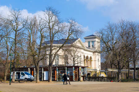 PRAGUE, CZECH REPUBLIC, JANUARY 30, 2015: people are passing by in front of the letna chateau.のeditorial素材