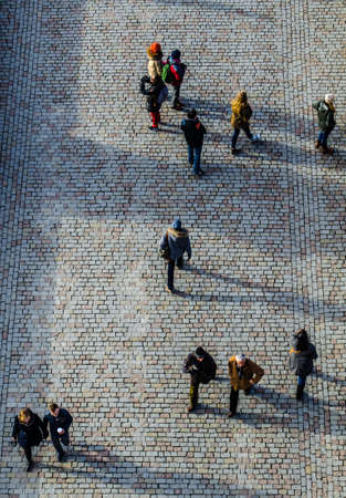 PRAGUE, CZECH REPUBLIC, JANUARY 30, 2015: aerial view of the people crossing charles bridge in prague.のeditorial素材