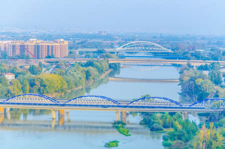 Aerial view of the puente de piedra and puente de pilar in the spanish city Zaragoza
の写真素材