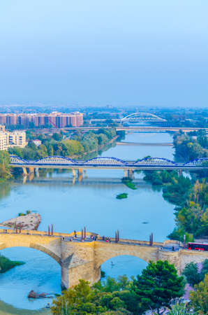 Aerial view of the puente de piedra and puente de pilar in the spanish city Zaragoza
の写真素材
