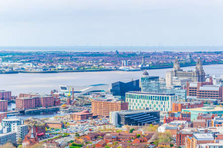 Aerial view of three graces and albert dock in Liverpool, Englandのeditorial素材