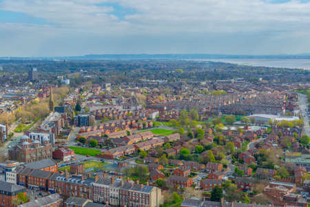 Aerial view of brick houses in Liverpool, England