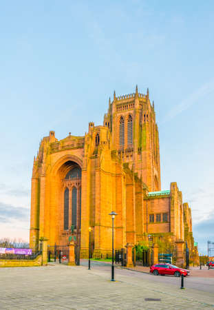 View of the Liverpool cathedral during sunset, Englandのeditorial素材
