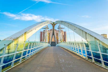 View of a footbridge in Salford quays in Manchester, England