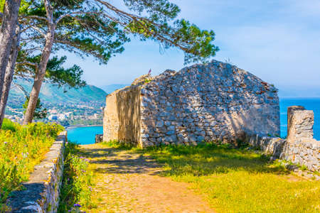 Ruins of a castle situated on La Rocca mountain in Cefalu, Sicily, Italyの写真素材