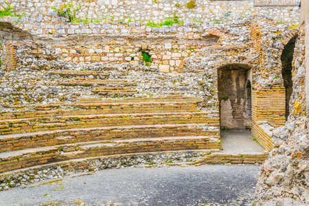 view of ancient ruins in Taormina, Sicily, Italyの写真素材