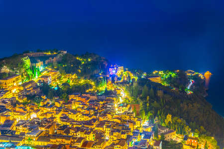 Night view of Taormina, Sicily, Italyの写真素材