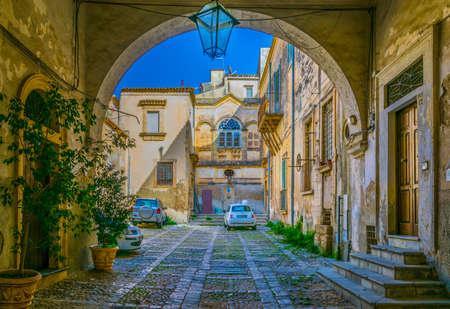 View of a narrow street in Noto, Sicily, Italyのeditorial素材