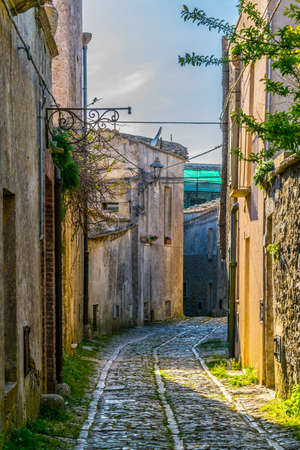 View of a narrow street in the historical center of Erice village on Sicily, Italyの写真素材