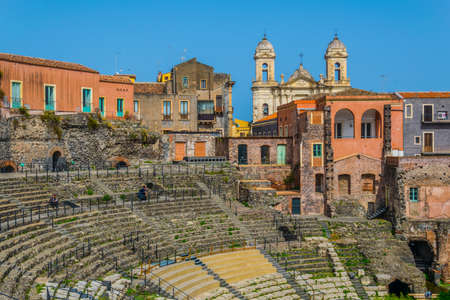 View of the ancient roman theatre in Catania, Sicily, Italy