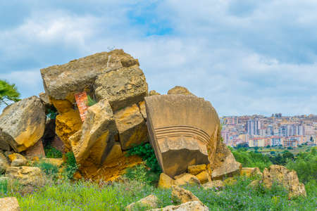 View of ruins of the Valley of temples near Agrigento in Sicily, Italyの写真素材