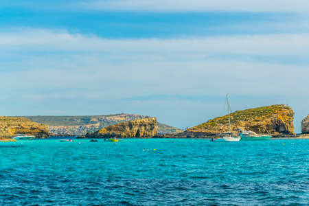 turquoise water of blue lagoon on Comino island, Maltaの写真素材
